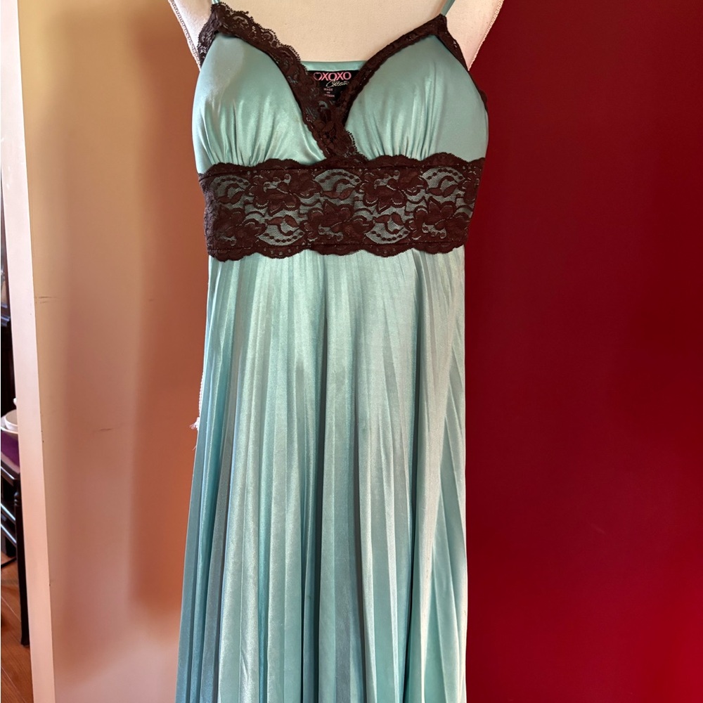Aqua and Brown Lace Pleated Dress